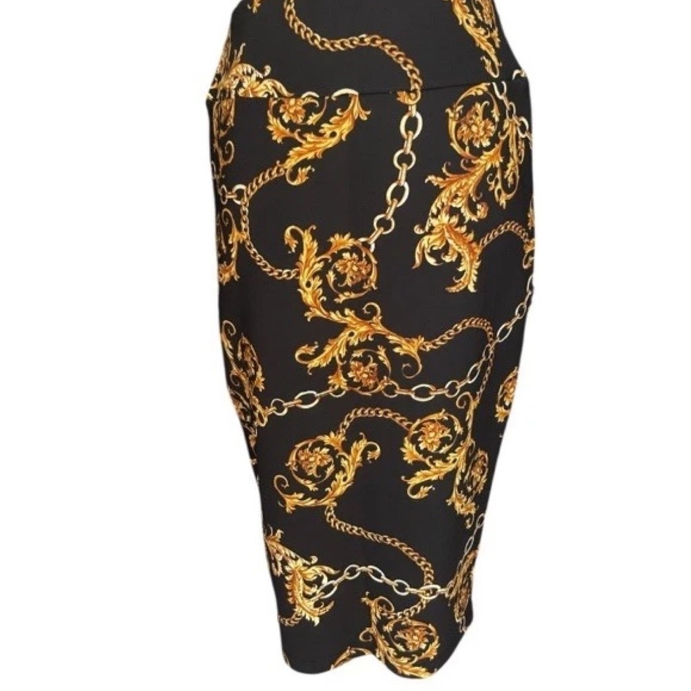 Carmen Marc Valvo NEW $58 Sz S Black Gold Chain Print Poly Spandex Skirt